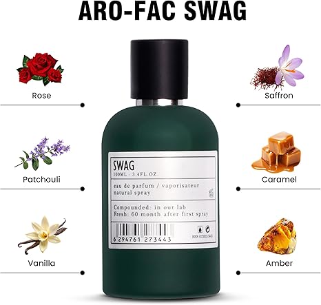 Perfume bottle labeled 'SWAG' with floral and food item illustrations on a white background
