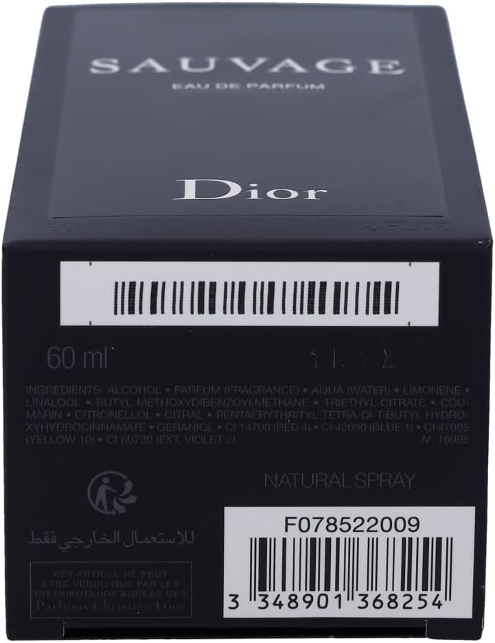 Dior Sauvage Eau de Parfum packaging with barcode and product details.