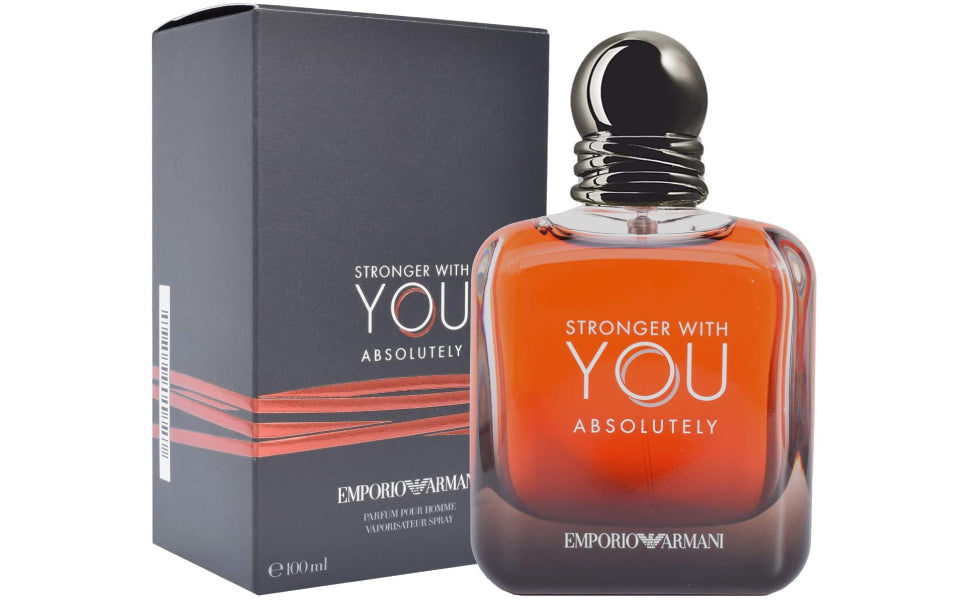 Emporio Armani perfume bottle and packaging with 'Stronger with You Absolutely' text on a white background