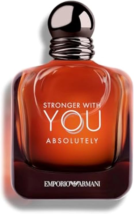 Emporio Armani perfume bottle labeled 'Stronger with You Absolutely' on a white background