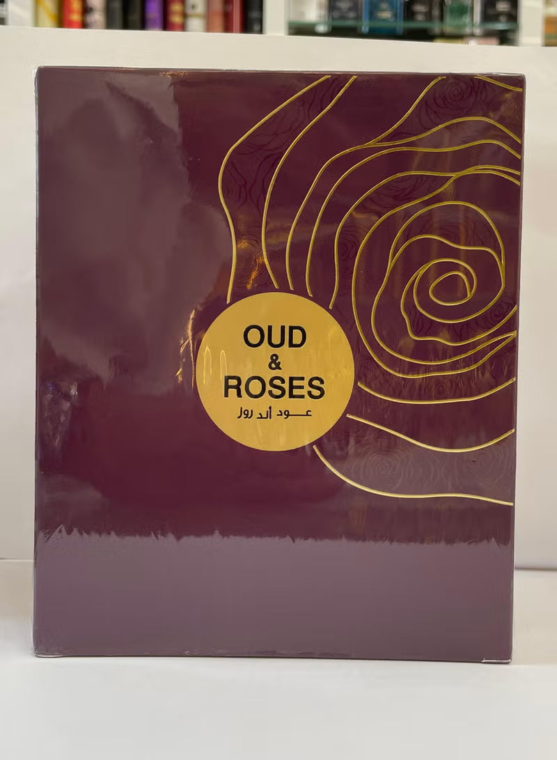 Product packaging with 'Oud & Roses' text on a maroon background