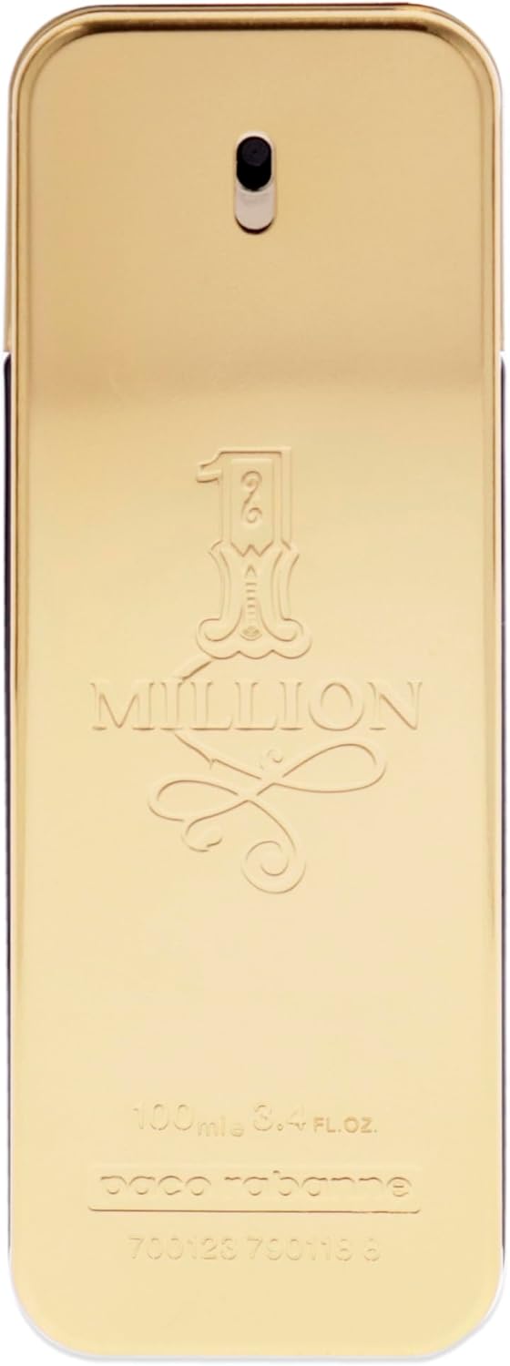Gold bottle of Paco Rabanne 1 Million with branding on a white background