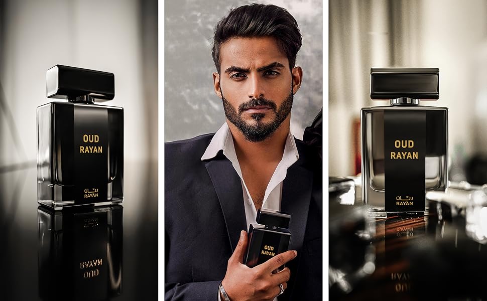 Man holding Oud Rayan perfume bottle with product display on either side.