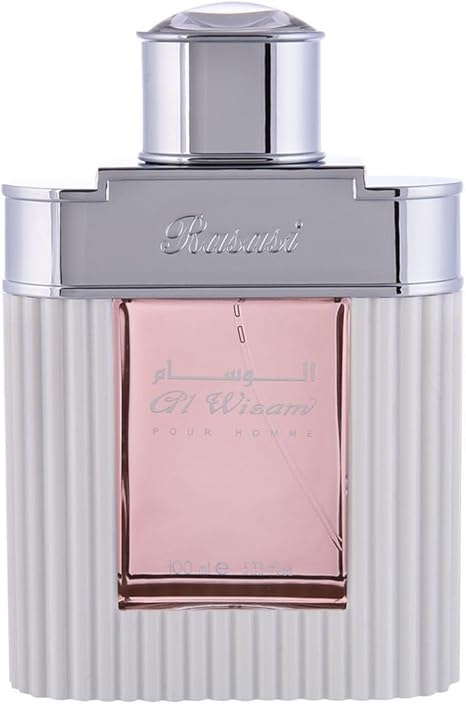 Perfume bottle with pink label and silver cap on a white background