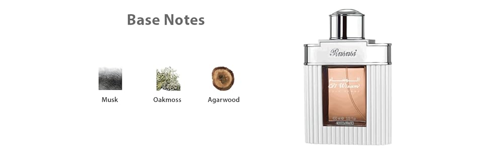 Perfume bottle with base notes labeled on a white background