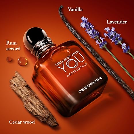 Perfume bottle labeled 'Stronger with You Absolutely' with vanilla, lavender, rum, and cedar wood elements on a red background.