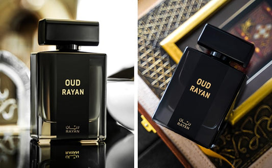 Two views of a black Oud Rayan perfume bottle on a reflective surface.