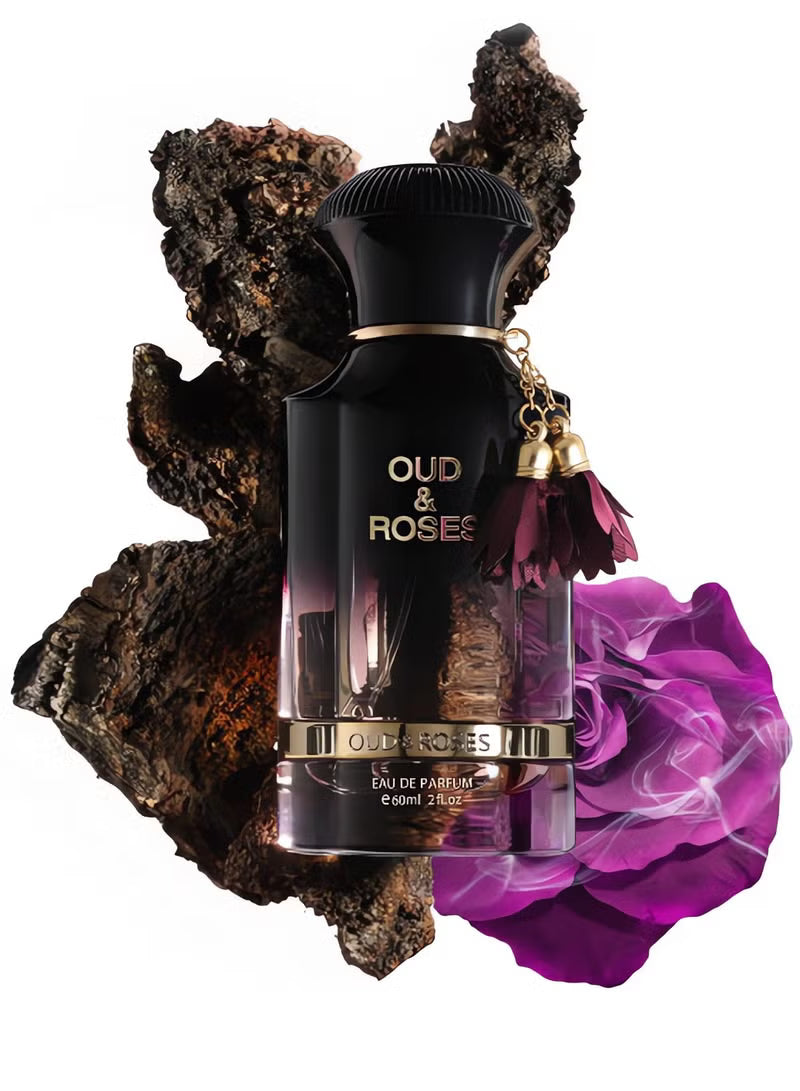 Perfume bottle labeled 'Oud & Roses' with a purple flower and dark rock background