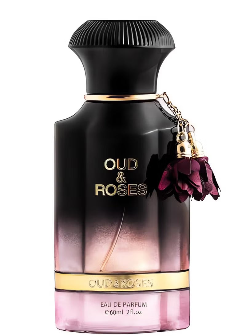Perfume bottle labeled 'Oud & Roses' with a dark cap and pink base on a white background