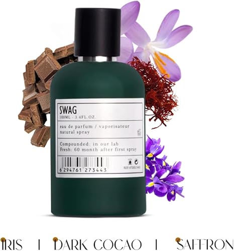 Green perfume bottle labeled 'SWAG' with floral elements on a white background