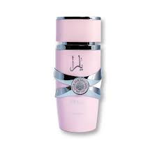 Image featuring a small pink bottle of Yara perfume by Lattafa standing in a white background. 
