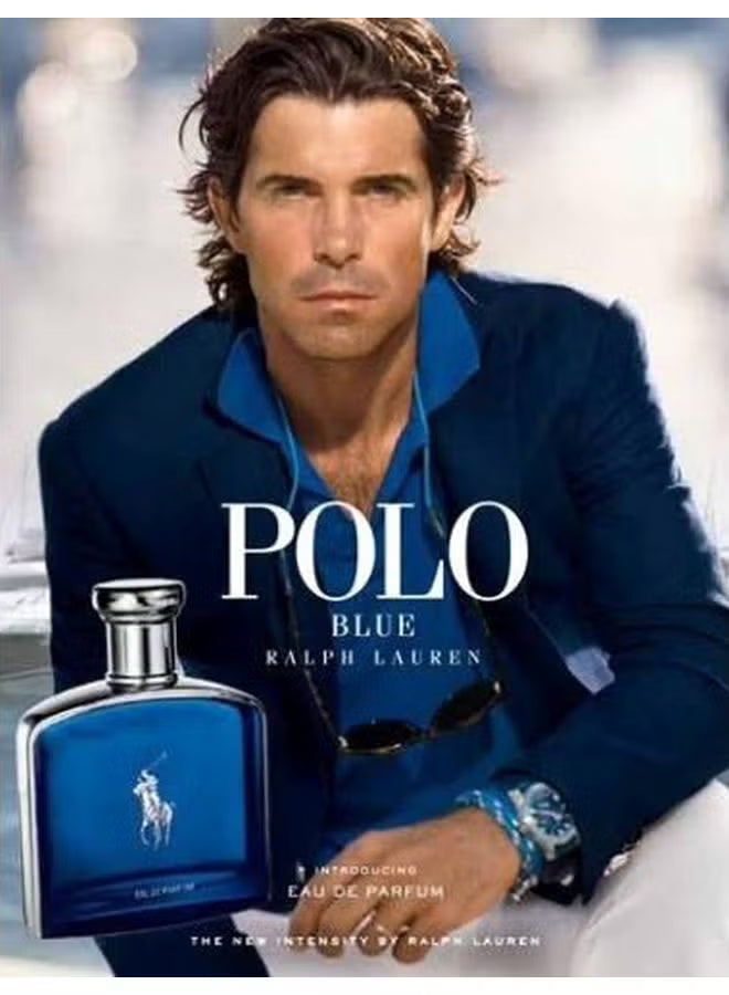 Advertisement for Polo Blue Ralph Lauren perfume with a man wearing a blue shirt.