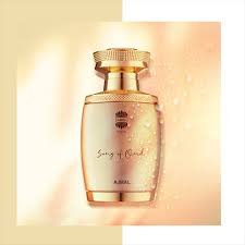image featuring a golden colored perfume bottle on which a text "song of Oud" is printed with a small logo on the top and Ajmal on bottom. 